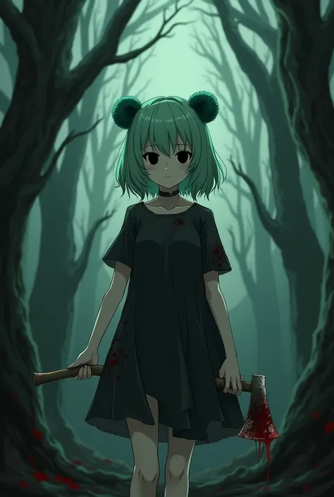 
An anime girl with light green hair and black empty eyes and light skin. She has a black broken dress on with blood on it, and she’s holding a bloody axe. She has a serious look on and she’s standing in a dark horror forest. She has green bear ears 