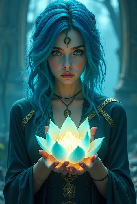 A witch with a shining lotus, with blue hair and turquoise skin
