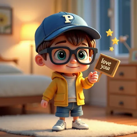 Create a 3D cartoon illustration, Art Toy, Chibi style, Long view, Cute boy with chocolate brown hair wearing a blue denim baseball cap with the word "P" embroidered on the cap. He has large blue-green eyes, wears black square glasses and is wearing a yell...