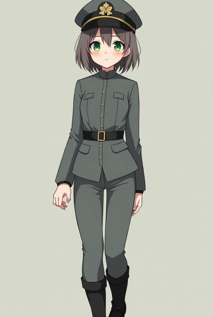  anime style, green eyes, gaber ,  grey crew-neck wool uniform with matching pants,  a uniform pair of black boots , a belt,  a cap that fits 