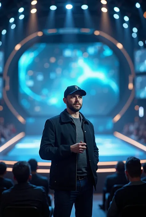 (Photorealism:1.2) Sebastian Kister wearing a cap, on a stage for a huge techy keynote