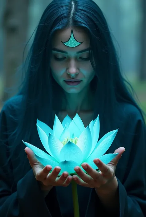  A witch in her hands is holding a shining lotus,  with navy blue hair and turquoise skin , She has a crescent  . on her forehead that looks like a realistic drawing 
