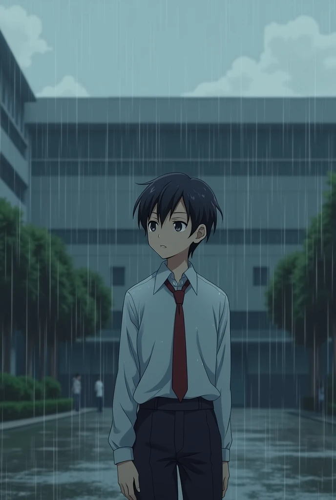 High school anime boy rain day alone 