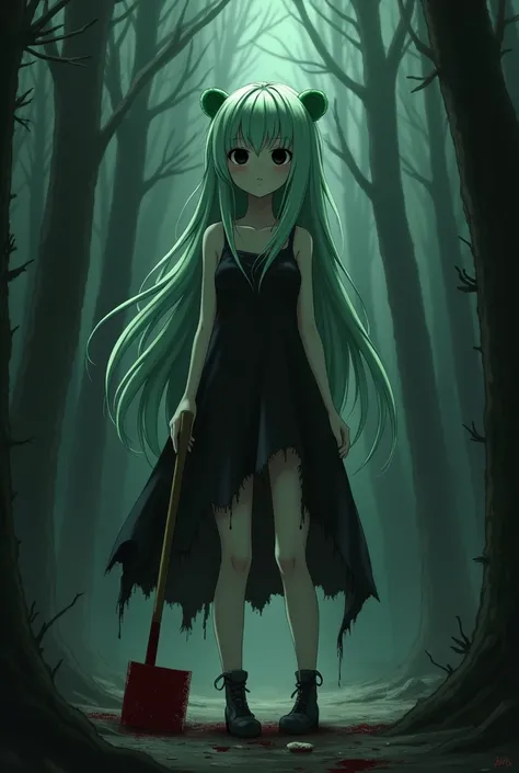 
An anime girl with light green and long hair and black empty eyes and light skin. She has a black broken dress on with blood on it, and she’s holding a bloody axe. She has a serious look on and she’s standing in a dark horror forest. She has green bear ea...