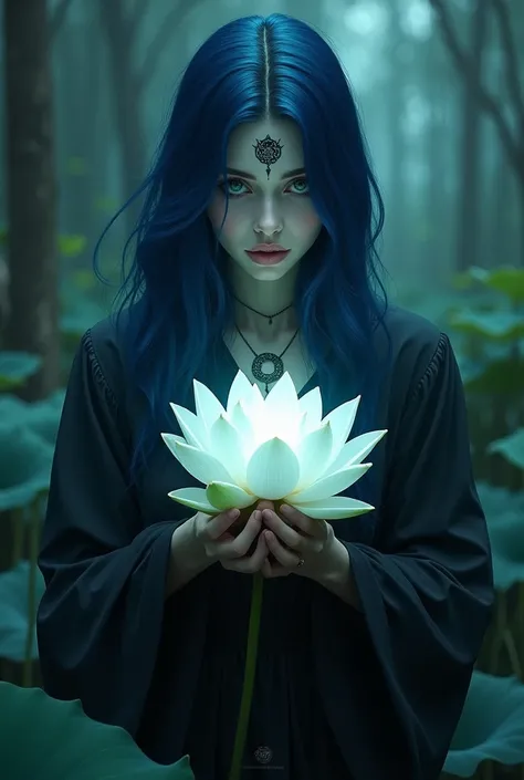 A witch looks mystical and dark in her hands she holds a bright pure white lotus,  with navy blue hair and turquoise skin , She has a moon on her forehead like a tattoo  . on her forehead that looks like a realistic drawing 
