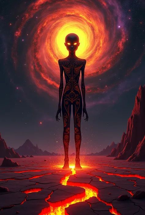 Create a dramatic and surreal cover art for a song titled *Hell*. The composition should blend African and cosmic elements. In the foreground, depict an abstract figure with glowing eyes standing on a cracked, fiery ground reminiscent of volcanic earth, sy...