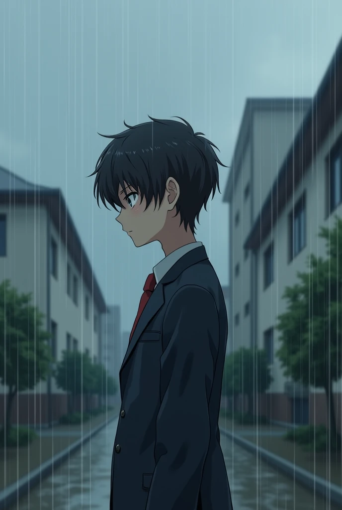 High school anime boy rain day alone 