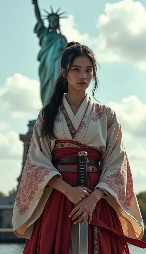  A woman dressed as a samurai、Age 19、Beauty、Shinsengumi、 holding a Japanese sword、new york、In front of the Statue of Liberty