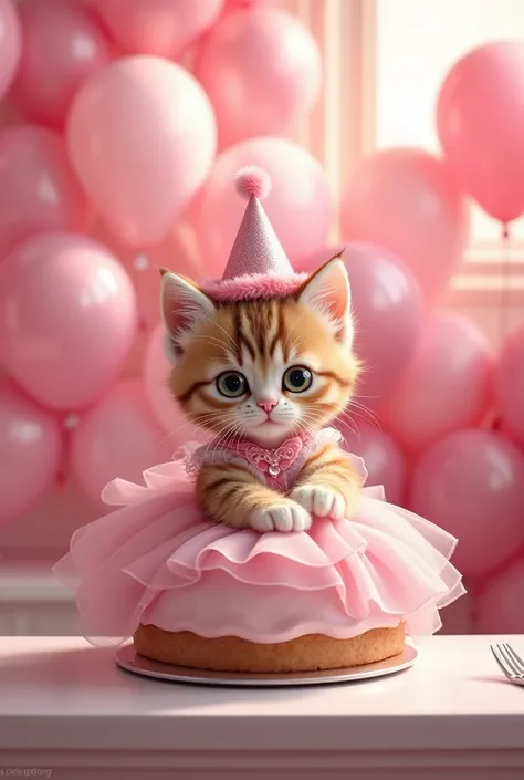 Today is birthday of kitten.Kitten is wearing beautiful pink frock, silver heels and a birthday cap on her head.full room is decorated with pink balloons.There is a birthday cake in front of her.