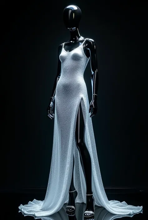  On the black glass floor and black background . Shiny black mannequin .  Make a dress bathed in white glowing liquid glitter.  Silver high-heeled sandal .  White gold-plated thin stocking  