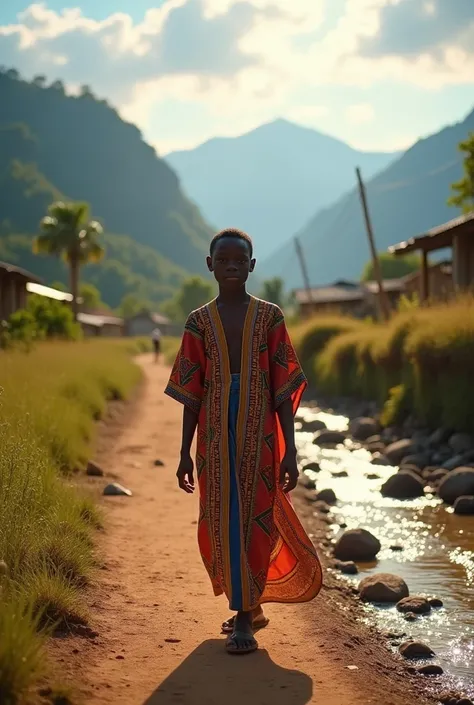 Kwaku, the 14year old Ghanaian boy walking through the village near the mountain with beautiful flowing rivers in h wearing his Kente     
  Flowing in the morning with beautiful blue sky, ready to start a new project. The golden rays of the sun illuminate...