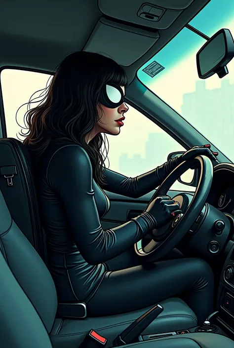 woman in black suitcase as spider  in car. The car drives boy. Using cartoon style and handdraw effects. Use intresting and dynamic camera view. Her face and him face are abstract and the both are  not shown. She wearing eye mask black and wearing black sp...