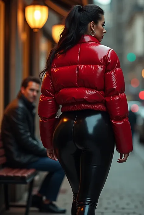 A girl with makeup, round, huge, wide buttocks, dressed in a shiny red down jacket and leather leggings, walking past a guy sitting there looking at her buttocks.