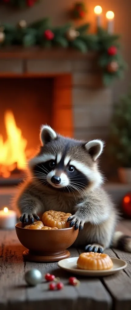 A photo of an extra fluffy baby raccoon holding a bowl of Bulgarias traditional Christmas dish, Kolivo. The raccoon is sitting on a wooden surface. The background is a rustic setting with a fireplace, candles, and a few ornaments. Theres a plate with a pie...