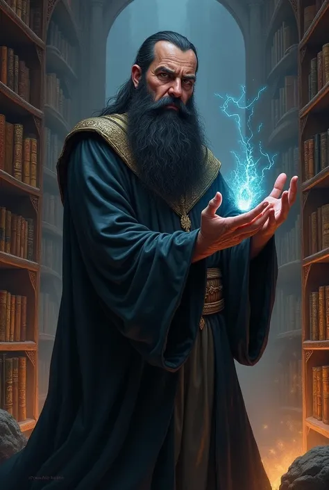 Middle aged wizard with long black beard and dark robes. Library background.