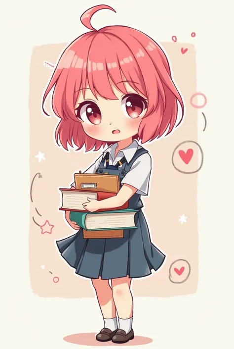 Cutesy artstyle, a girl with pink hair and cute eyes, with a school uniform and books in her hand, drawn like a doodle in digital art