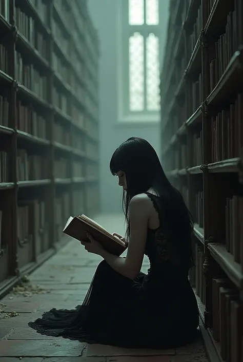 A pale solo figure who’s female with black hair and wearing gothic clothing sitting on the floor in the library reading