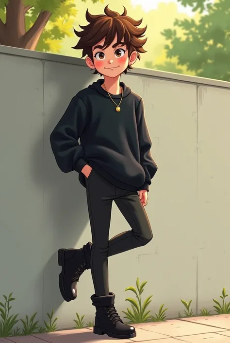 Handsome short curly haired boy ,  standing posing on a wall with his foot on a wall in a park ,  black sweater, black pants and black boots,  cartoon 