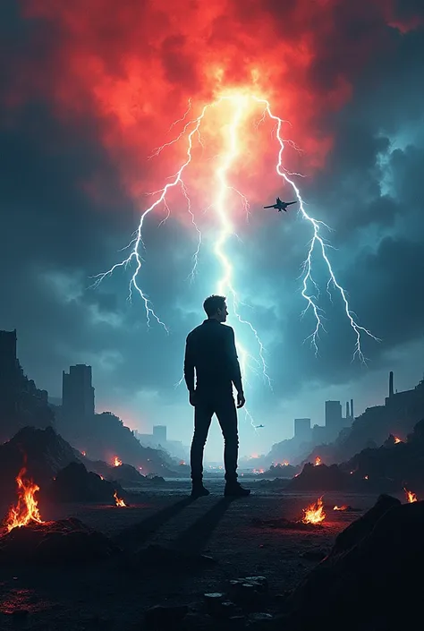 A visually stunning book cover depicting Elon Musks silhouette surrounded by apocalyptic images: a bright stormy sky, lightning, burning ruins, and advanced technology like spaceships and satellites. The foreground is dark and mysterious, with vibrant touc...