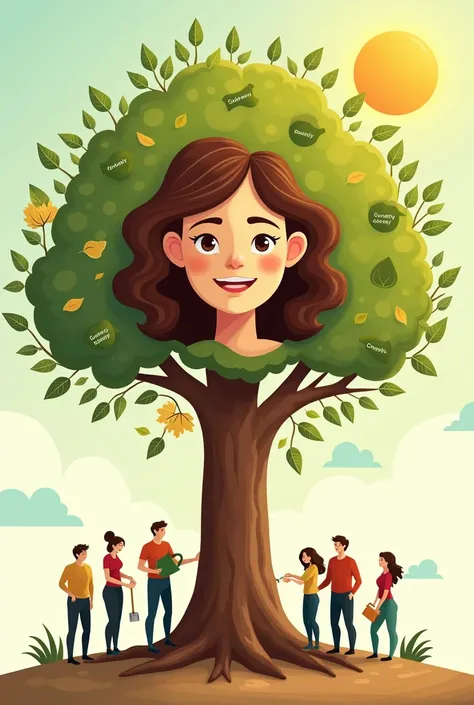 "A strong tree whose trunk takes the form of a woman with wavy brown hair with shown face. Other famle figures (representing colleagues) stand around the tree, watering it or supporting it with tools. Its branches carry green leaves with symbols like struc...