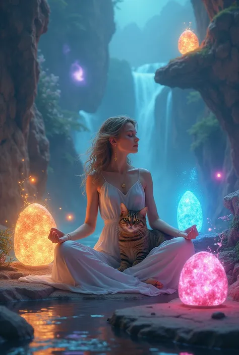 A woman and a cat are relaxing in a magical world surrounded by power stones。