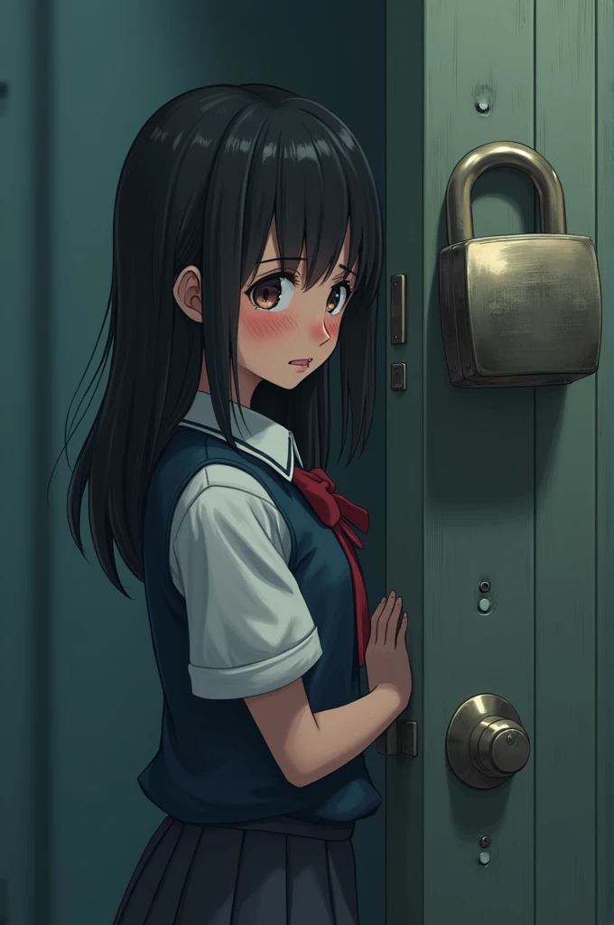 A GIRL IN A SCHOOL UNIFORM IS CRYING WHILE A LARGE LOCK IS SLAMMED AGAINST THE SCHOOL DOOR