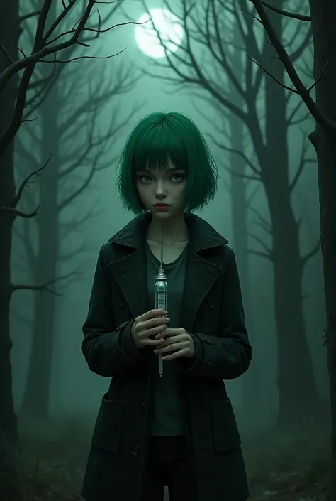 A girl with short green hair is wearing a black coat and she is holding a syringe in her hands in the middle of a forest at night . Realistic style art 