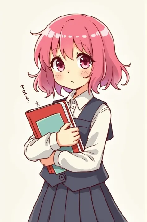 Cutesy artstyle, a girl with pink hair and cute eyes, with a school uniform and books in her hand, drawn like a doodle in digital art