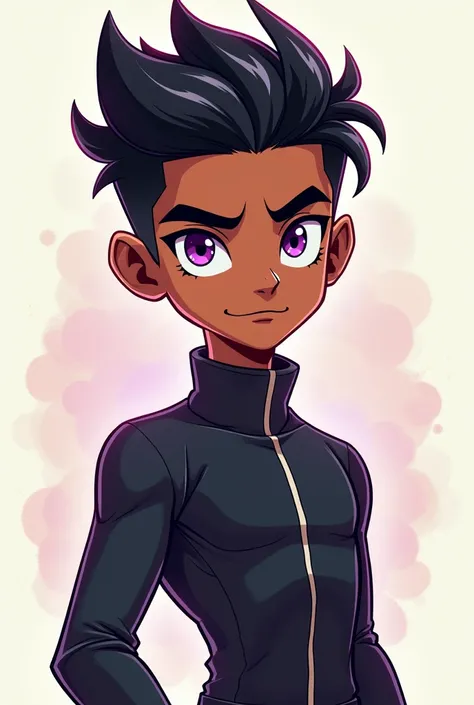 Create a vibrant cartoon-style illustration of a young man around 20 years old with dark brown skin, black hair styled in a modern cut, and striking purple eyes. His slim physique is emphasized through a sleek and stylish outfit. The art style should blend...