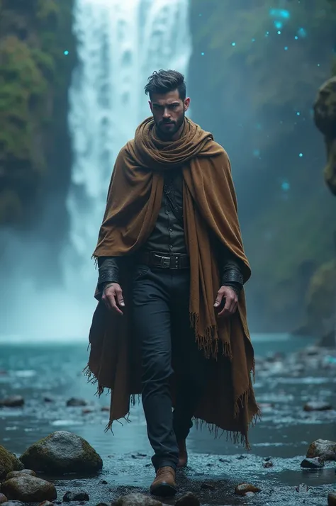 A handsome mistery man walking beside a small waterfall , wearing brown shawl, mist around him, asthetic, darkness, blue light particles, 