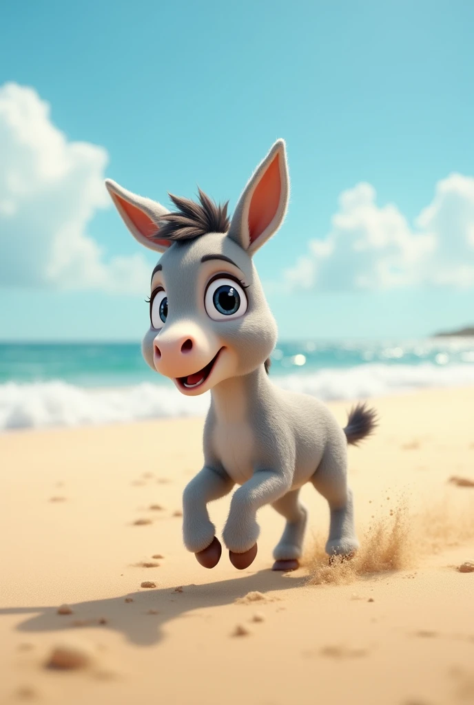 A MINI DONKEY PLAYING IN THE SAND ON THE BEACH