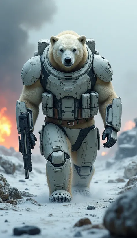 " An anthropomorphized polar bear with a muscular human body ,  covering himself with the tactical armor of a futuristic soldier ,  carrying high-caliber weapons .  He is walking with determination in the midst of a scenario devastated by war, with explosi...