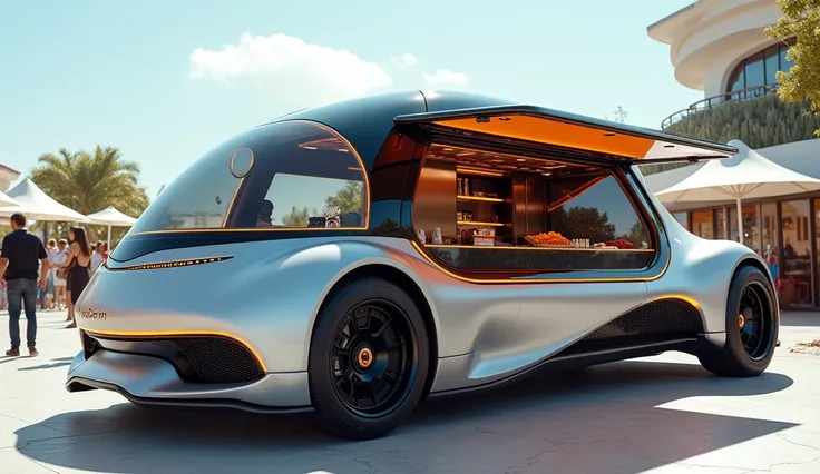 gourmet futuristic spaceship-style street cart to sell products and food, Food by Luxurious Primium Carbon Silver, Neon headlight, open sides and roofless ,  more realistic modern design with technological and beautiful shapes ,  looking like a car from th...