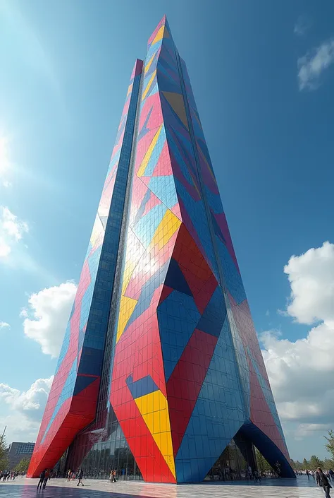  Create a very tall building with a variety of vibrant colors ,  designed in a modern and artistic style . The perspective should be from below ,  looking up,  to highlight the height and grandeur of the structure .  Includes a background with a clear blue...