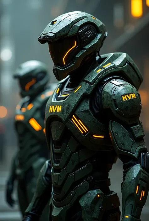 Mass Effect styled high-tech military soldiers wearing segmented exoskeleton armor that has black and green camo pattern, a lot of yellow glowing LEDs, holographic sign "HVM" is displayed on shoulders, armor and helmet are looking aggressive and are cuttin...