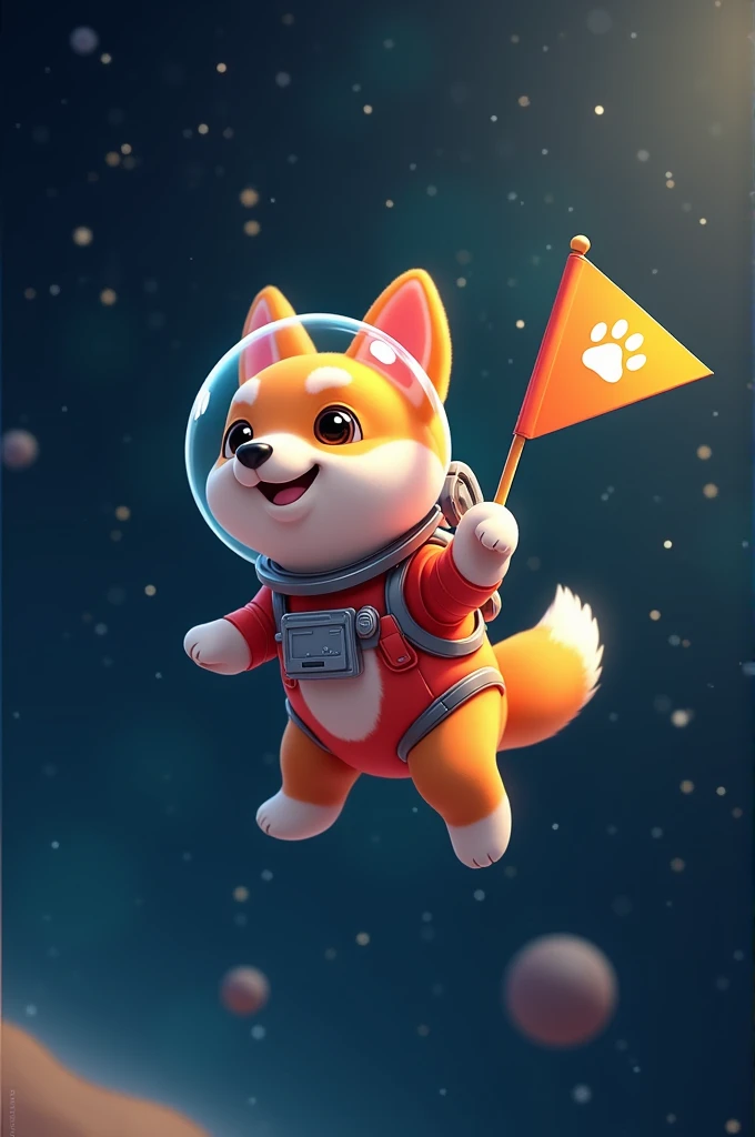 A corgi in a spacesuit floating in space with a pawprint flag.