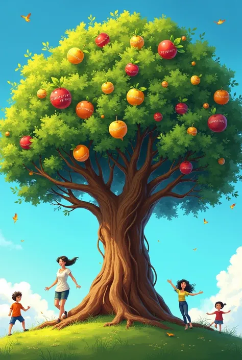 "A large, majestic tree whose trunk and branches take the form of a woman with wavy brown hair. The tree is full of colorful leaves and fruits bearing words like confidence, structure, and creativity. ren happily play around the tree, and the sky is bright...