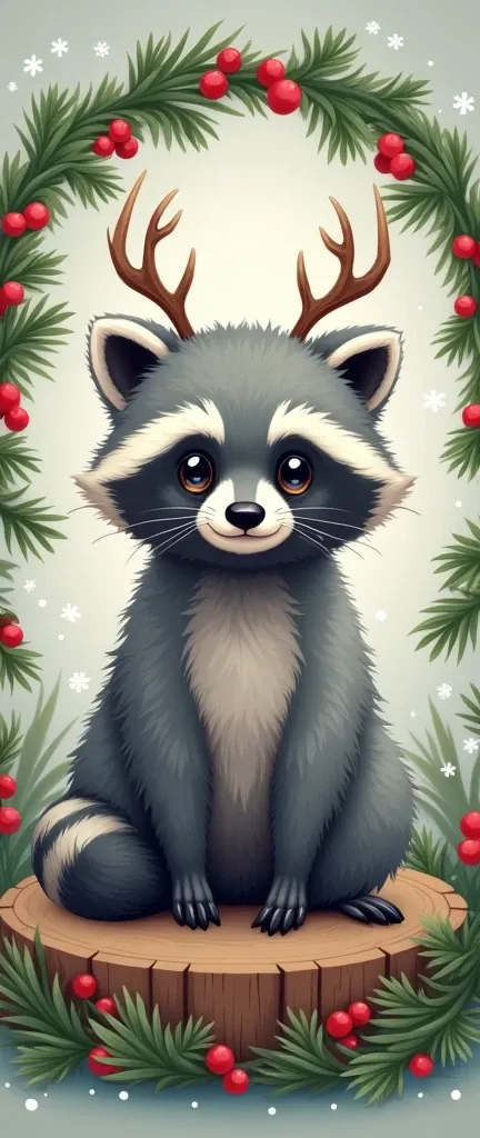 A photo of a cute, extra fluffy baby raccoon with realistic features. The raccoon is sitting on a log. There are Christmas design elements in the background, including a wreath, snowflakes, and antlers. The overall image has a vector design.