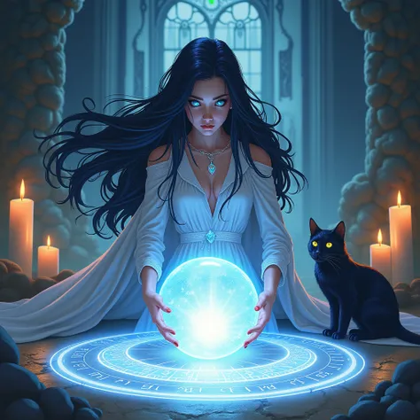 ((full image)) Illustration of a beautiful sorceress, black hair, bright blue eyes, around her there are candles and a mystical and intricate scenery, a white circle on the ground with luminous mystical runes. ((the sorceress has a crystal ball that emanat...