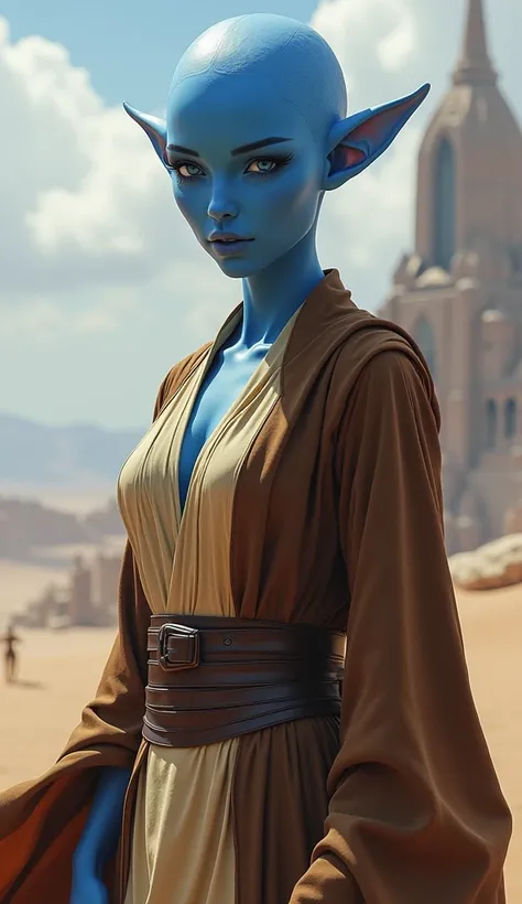 blue eyes, blue skin, twilek, c cup breasts, tan jedi tunic, brown jedi robe, visible lightsaber hilt on belt, jedi temple in background 