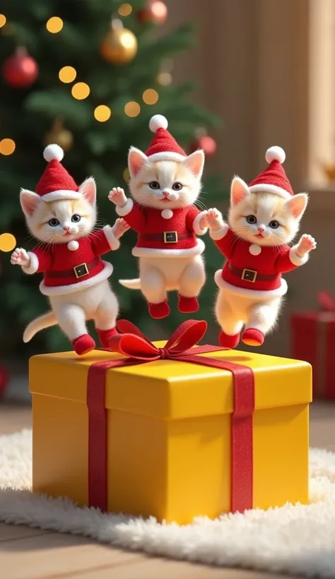  3 cute kittens with Santa Claus costume , Jumping merrily on top of a large yellow box , In the Christmas mood 