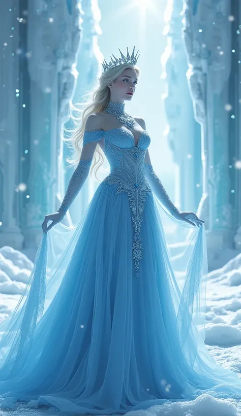 The Queen Who Lives in an Ice Castle、 Light Blue Dress、 tiara 、 Large Sapphire Necklaces 、 white gloves、 clear skin 、Ice World