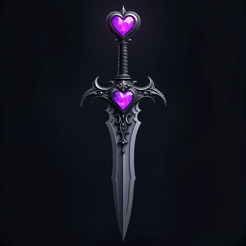 A beautifully designed dagger, featuring a simple, elegant silhouette of a blade made of silver and iron. The dagger is adorned with a glowing violet succubus heart jewel at the black hilt, which could be inscribed a with symbol, such as a star, a heart or...