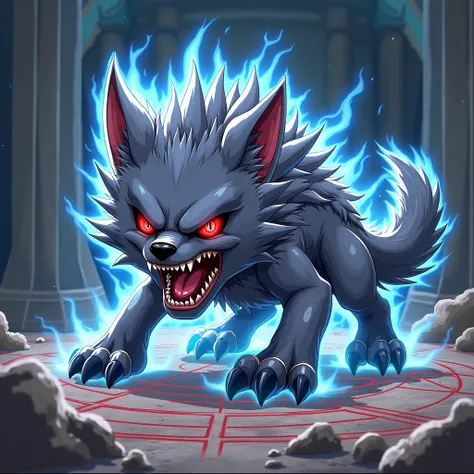 Create a dangerous baby wolf monster in the manga yugioh style 