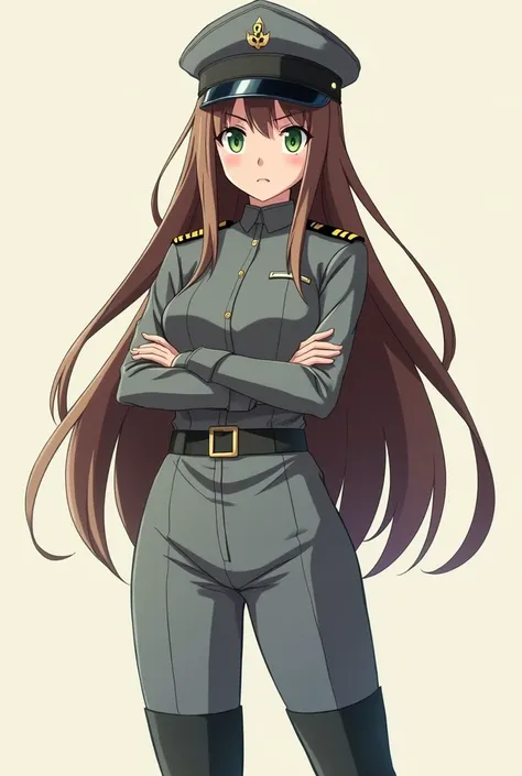  anime style, girl, long brown hair, arms crossed, serious look, green eyes, gaber ,  grey crew-neck wool uniform with matching pants,  a uniform pair of black boots , a belt,  a cap that fits , 