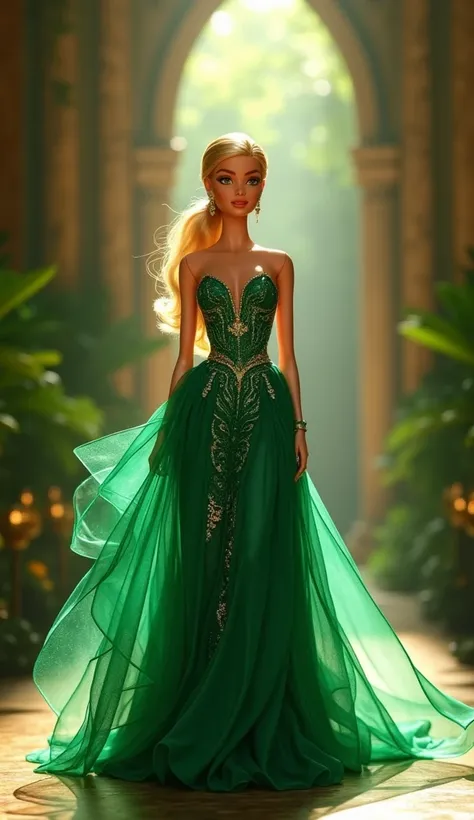  Barbie walking a stunning fashion runway in a green dress,  beautiful flowing fabric ,  Taylor Swift with green dress , with thin waist, Flowing dress, Flowing dress, jungle dress , elegant ancient greek dress,  long flowing intricate dress ,  wearing ela...