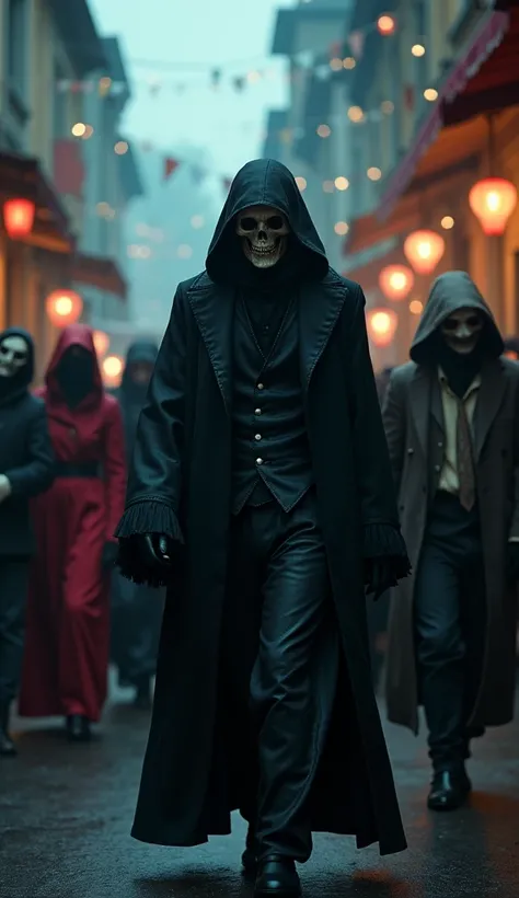 Hyperrealistic art, cinematic film, in the style of detailed photography of hyperrealism, fantasy, a spirit representing death with a dark outfit without showing his face walking in a carnival party with other people wearing horror masks, bold lines, highl...