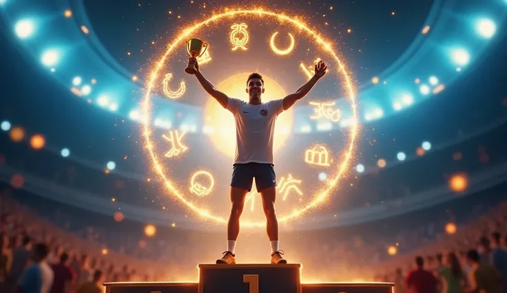 Perspective: A victorious athlete celebrating their triumph.
Subject: A proud athlete holding a golden trophy on a podium.
Medium: Cinematic digital art, dynamic motion.
Style: Vibrant and energetic with mystical elements.
Additional Details: A glowing zod...