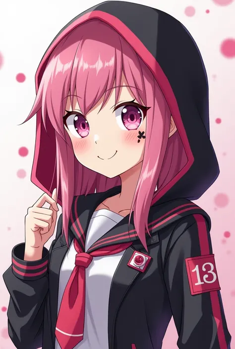  Young villainous anime-style student Boku no hero academy,  pink hair, pink eyes,  tattoo of the number 13 under her right eye,  dressed in a black and white school uniform under a black and pink hood, with super powers of bad luck 