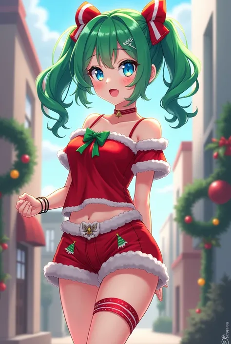 female, , green hair, blue eyes, Christmas top and shorts(anime)